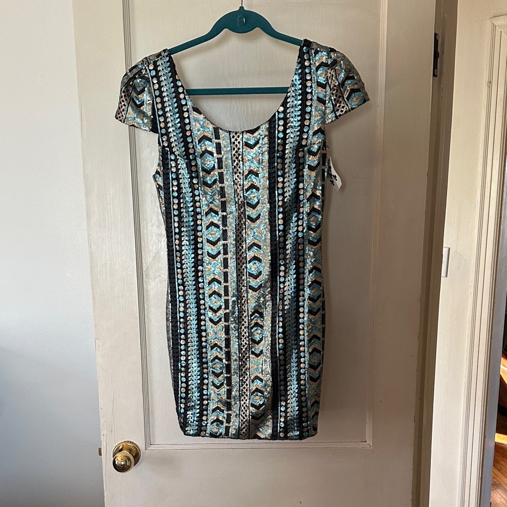 Sequin NYE Turquoise Cap Sleeve Dress